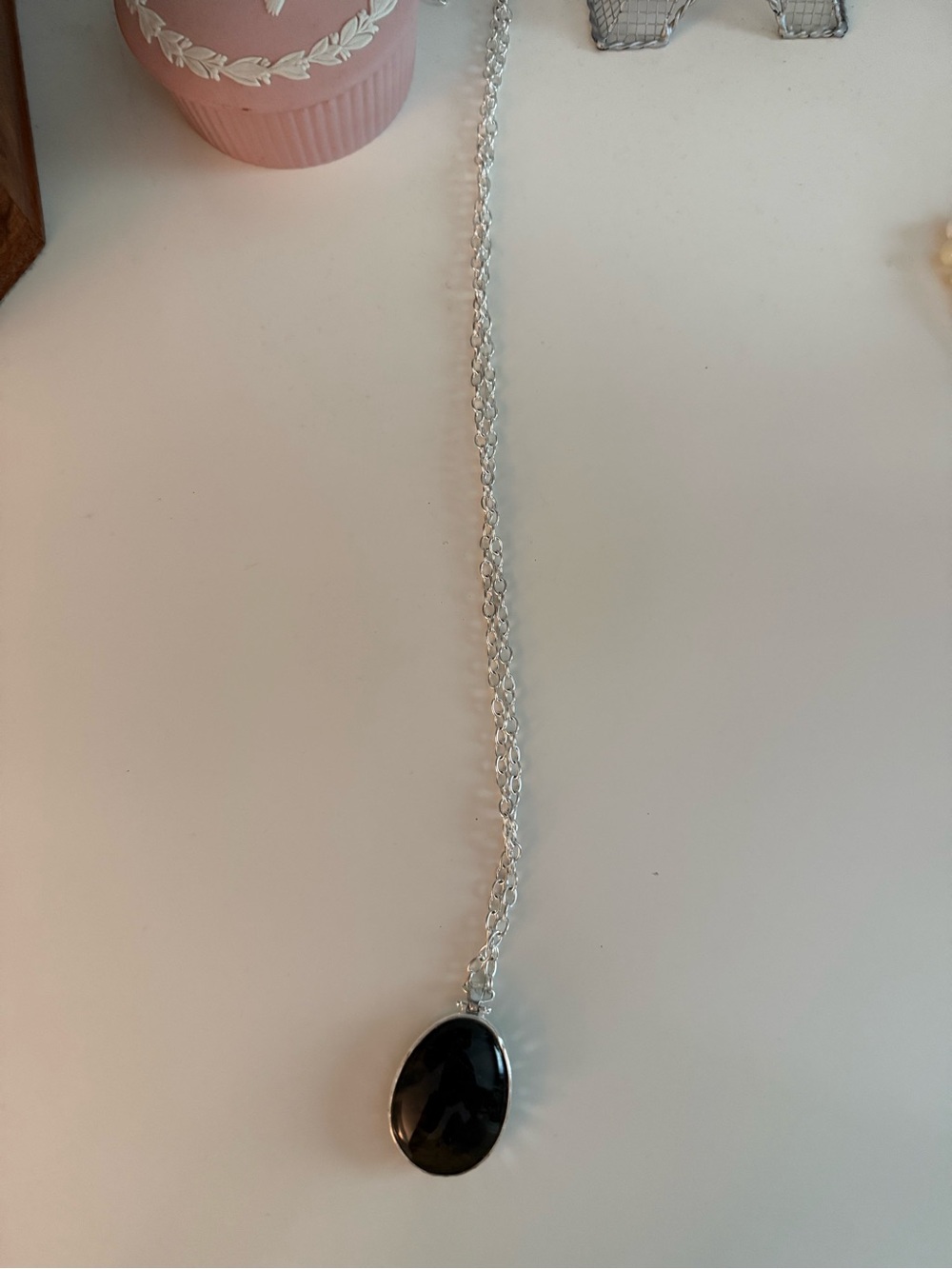 Silver Chain Necklace with reversible Oval Pendant - Women Jewelry
